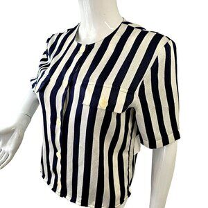 La Chine Petites Galinda Wang Striped Button-Up Shirt 6P Navy Silver Stripes 80s